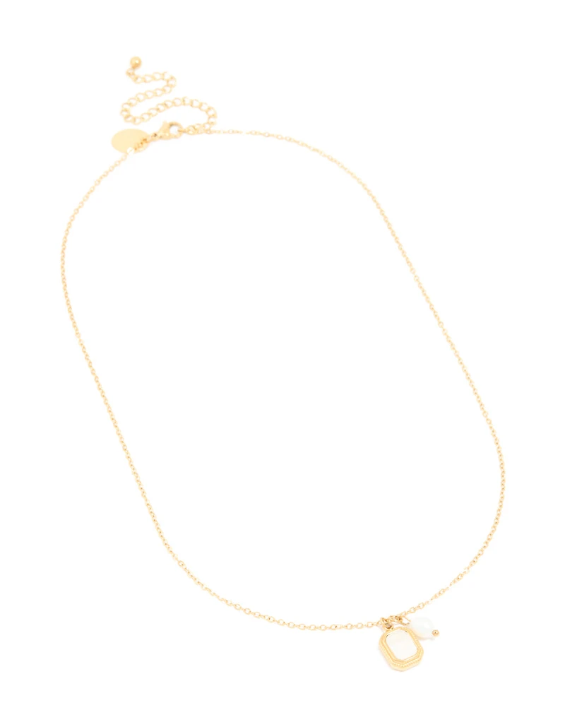 Waterproof Gold Plated Stainless Steel Pearl & Square Pendant Necklace Set