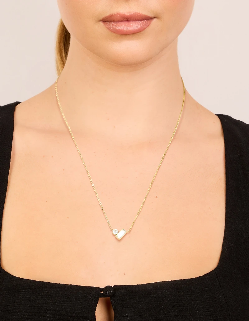Waterproof Gold Plated Stainless Steel Cubic Zirconia Baguette & Round Pendant Necklace