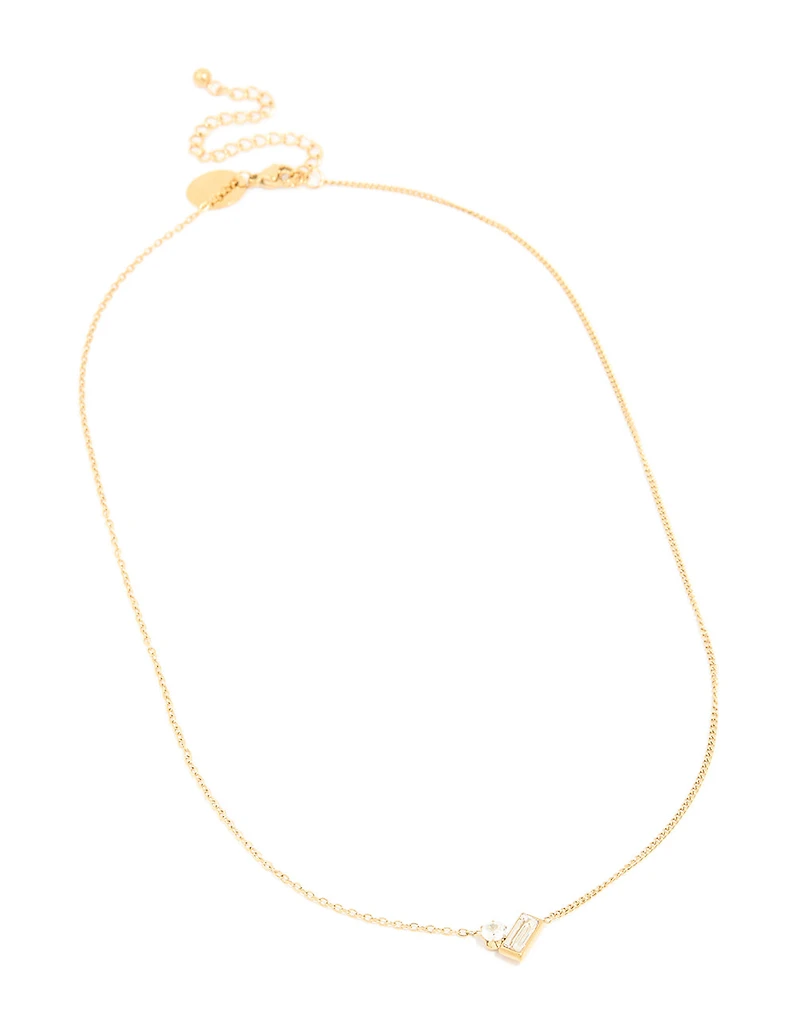 Waterproof Gold Plated Stainless Steel Cubic Zirconia Baguette & Round Pendant Necklace