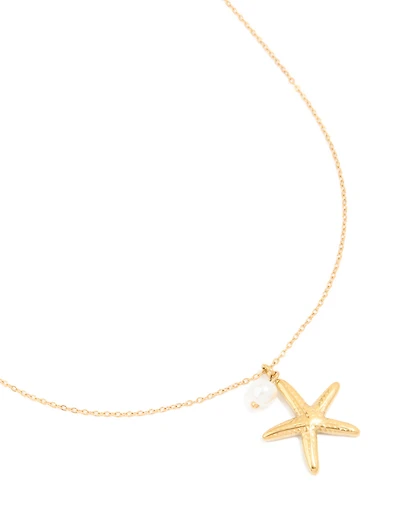Waterproof Gold Plated Stainless Steel Pearl Starfish Pendant Necklace
