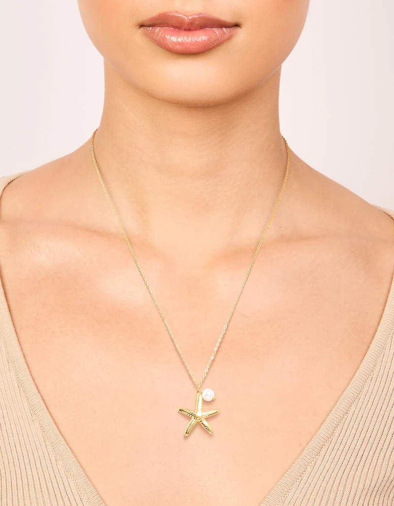 Waterproof Gold Plated Stainless Steel Pearl Starfish Pendant Necklace