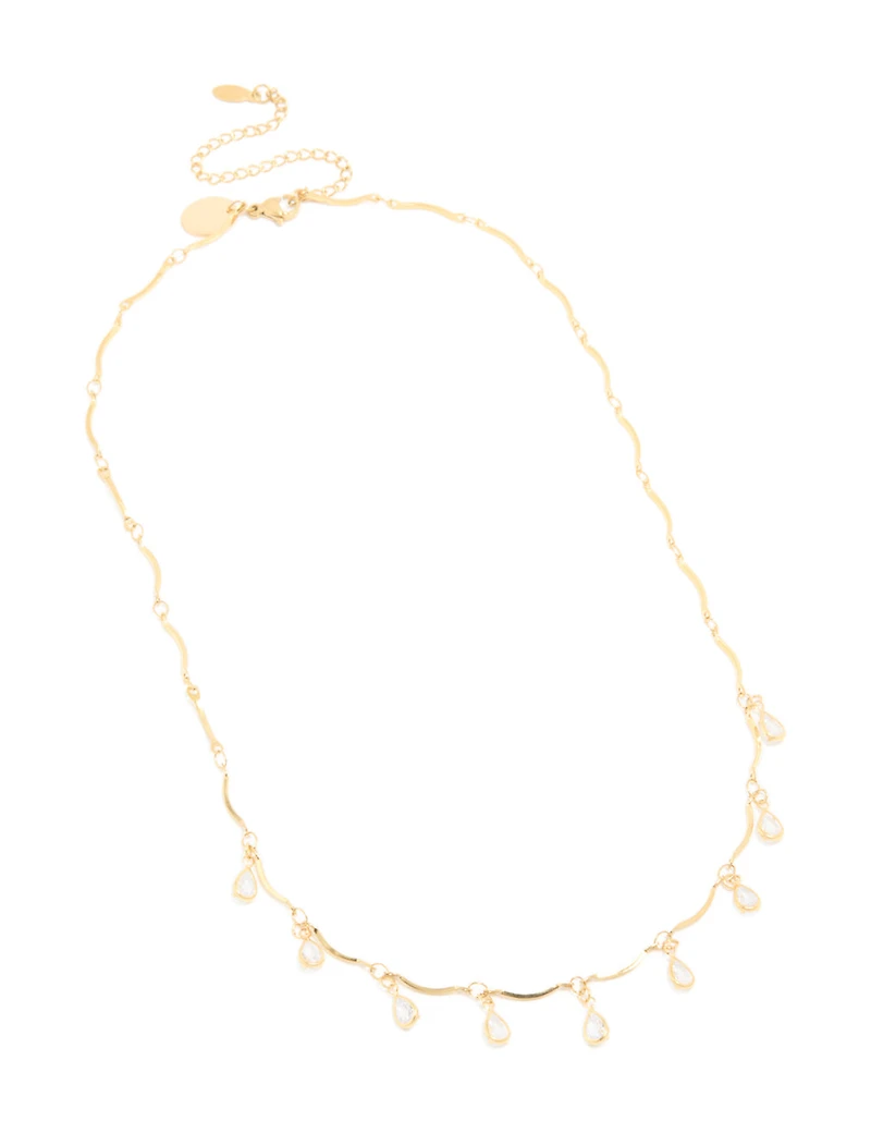 Waterproof Gold Plated Stainless Steel Cubic Zirconia Droplet Charms Necklace
