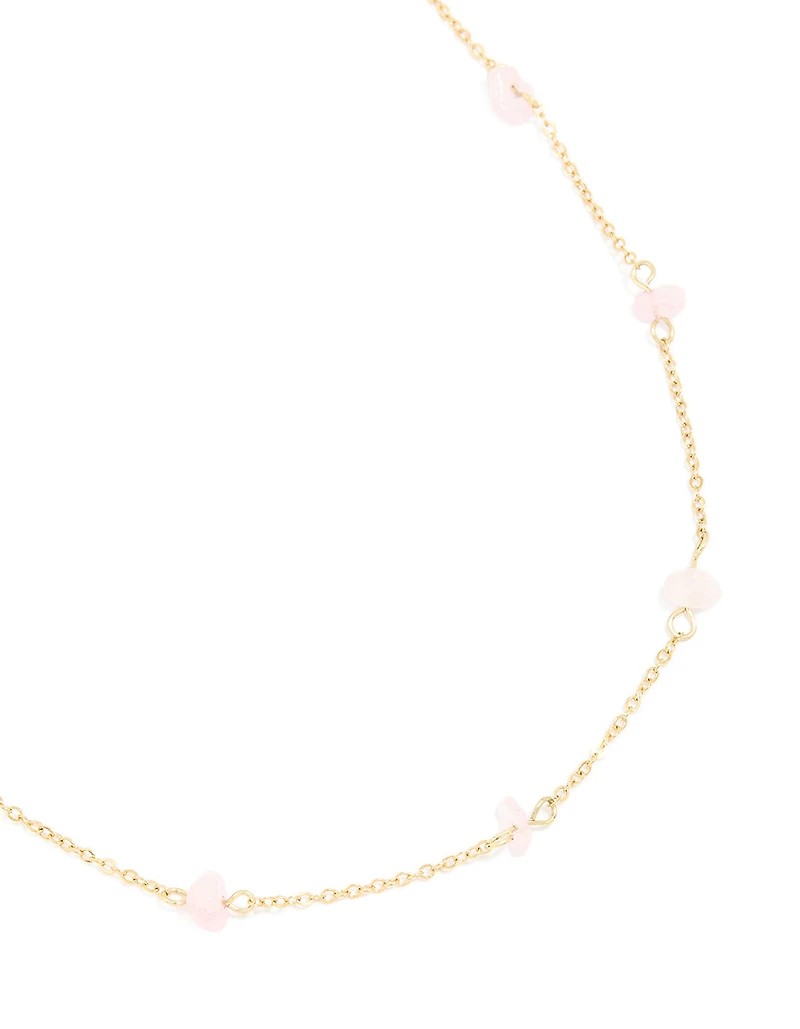 Waterproof Gold Plated Stainless Steel Rose Quartz Semi Precious Stone Chip Necklace