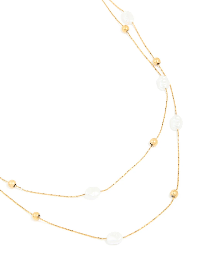Waterproof Gold Plated Stainless Steel Pearl & Beaded Ball Layered Necklace