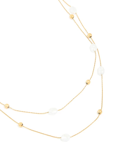 Waterproof Gold Plated Stainless Steel Pearl & Beaded Ball Layered Necklace