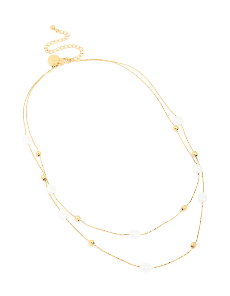 Waterproof Gold Plated Stainless Steel Pearl & Beaded Ball Layered Necklace