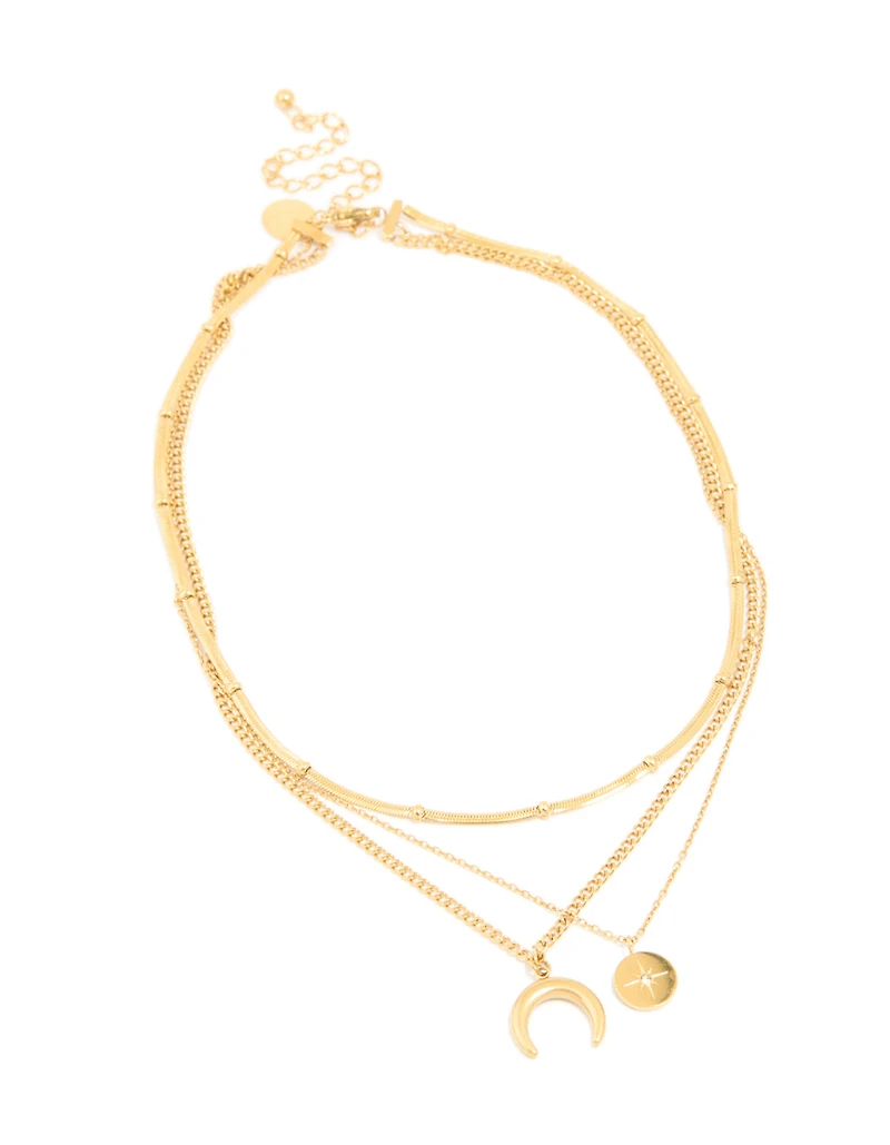 Waterproof Gold Plated Stainless Steel Mixed Pendants Layered Necklace