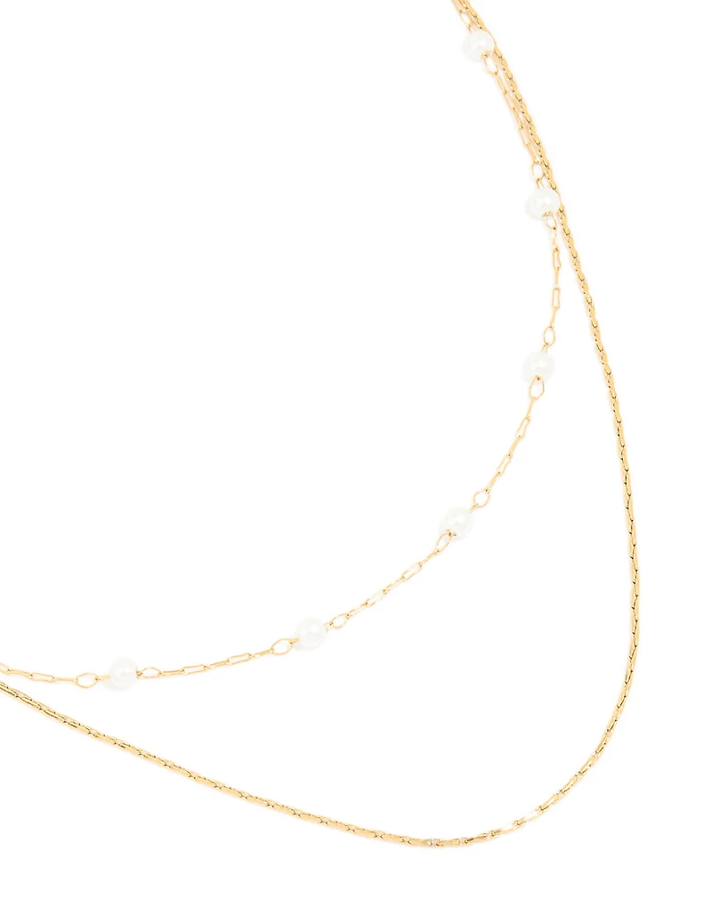 Waterproof Gold Plated Stainless Steel Pearl Beaded & Chain Layered Necklace
