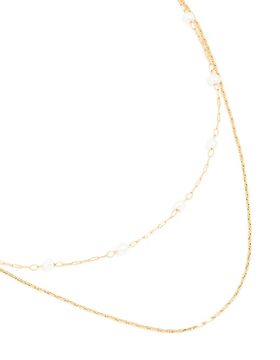 Waterproof Gold Plated Stainless Steel Pearl Beaded & Chain Layered Necklace