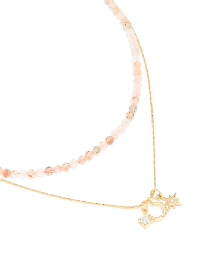 Collier semi-précieux en quartz rose plaqué or en acier inoxydable imperméable et collier en couches célestes