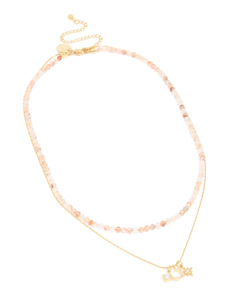Waterproof Gold Plated Stainless Steel Rose Quartz Semi Precious Stone & Celestial Layered Necklace