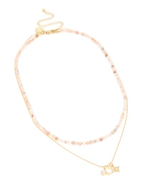 Waterproof Gold Plated Stainless Steel Rose Quartz Semi Precious Stone & Celestial Layered Necklace