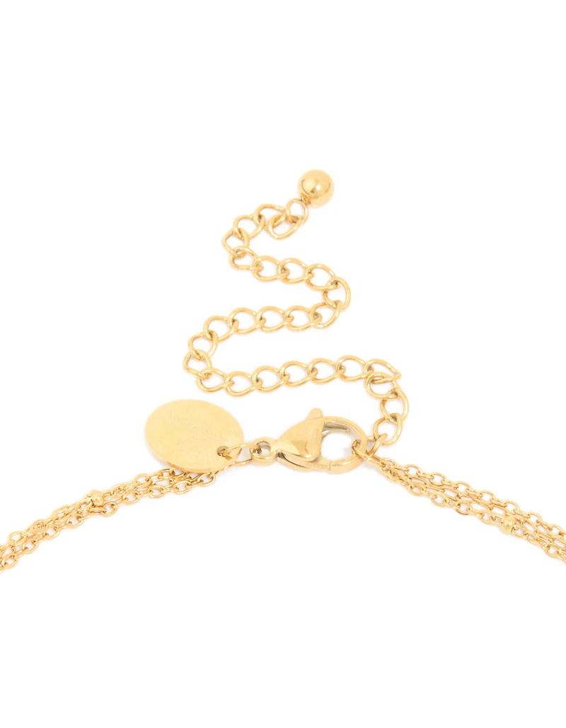 Waterproof Gold Plated Stainless Steel Green Jade Semi Precious Stone Pendant & Chain Layered Necklace