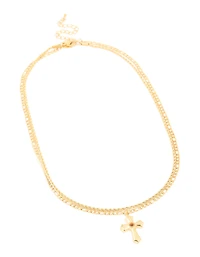 Waterproof Gold Plated Stainless Steel Tigers Eye Semi Precious Stone Cross Chain Layered Necklace