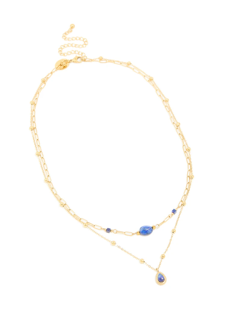 Waterproof Gold Plated Stainless Steel Lapis Lazuli Semi Precious Stone Chain Layered Necklace