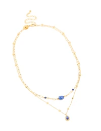 Waterproof Gold Plated Stainless Steel Lapis Lazuli Semi Precious Stone Chain Layered Necklace