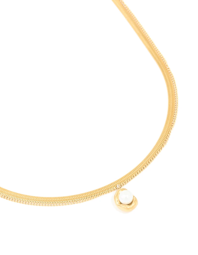 Waterproof Gold Plated Stainless Steel Pearl & Snake Chain Layered Necklace
