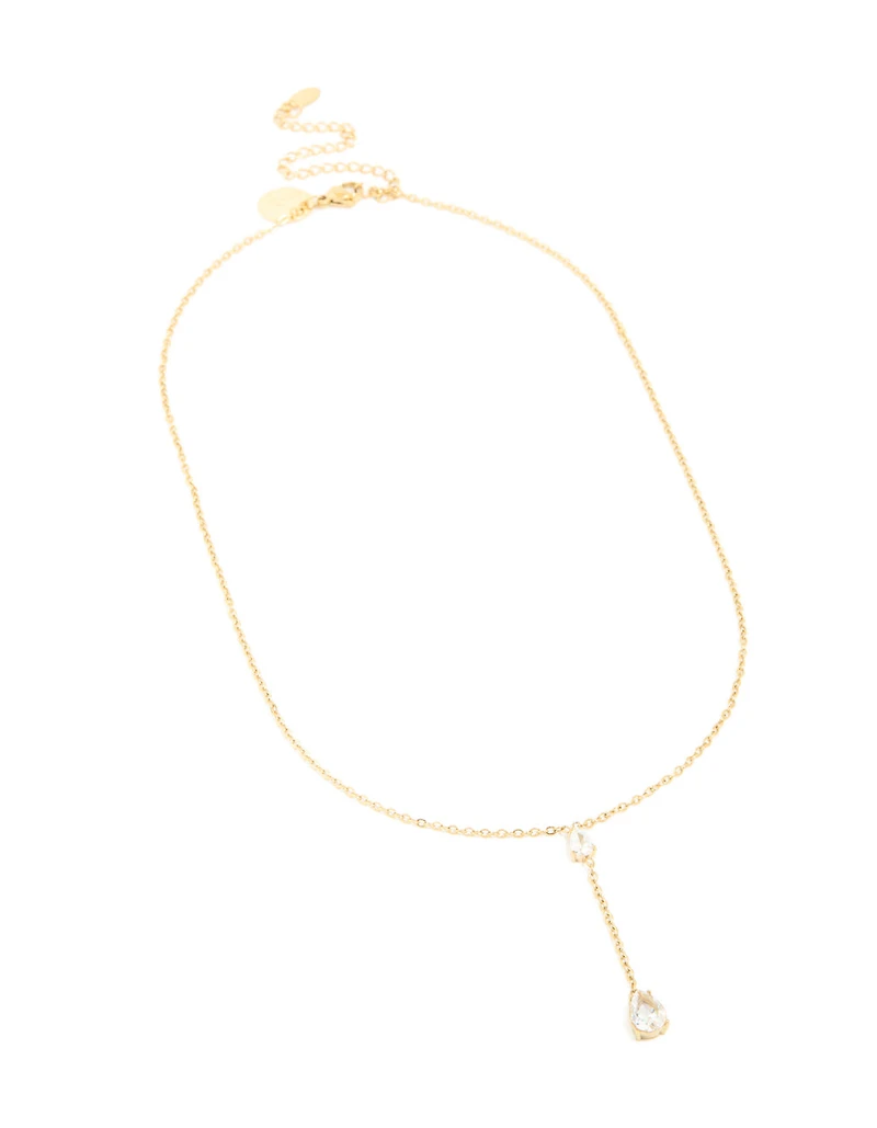 Waterproof Gold Plated Stainless Steel Cubic Zirconia Teardrop Y-Necklace