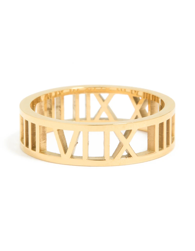 Waterproof Gold Plated Stainless Steel Cut Out Roman Numeral Ring