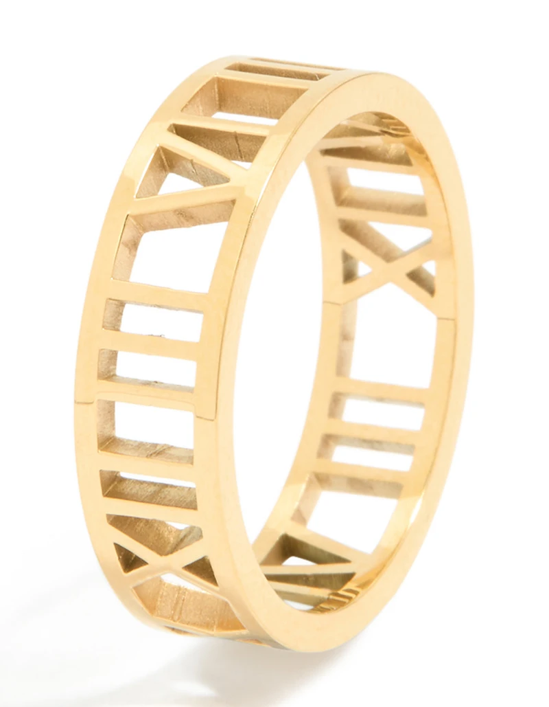 Waterproof Gold Plated Stainless Steel Cut Out Roman Numeral Ring