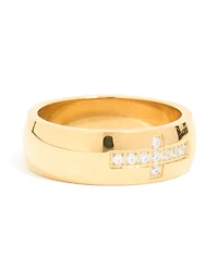 Waterproof Gold Plated Stainless Steel Cubic Zirconia Pave Cross Thick Ring