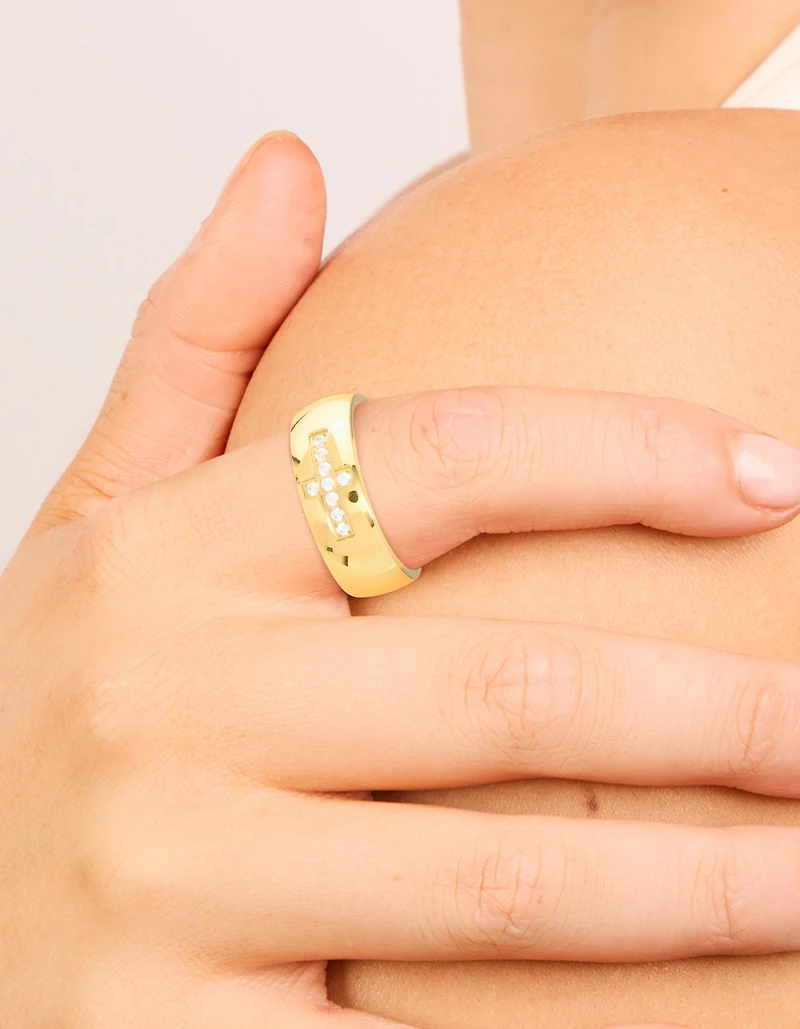 Waterproof Gold Plated Stainless Steel Cubic Zirconia Pave Cross Thick Ring