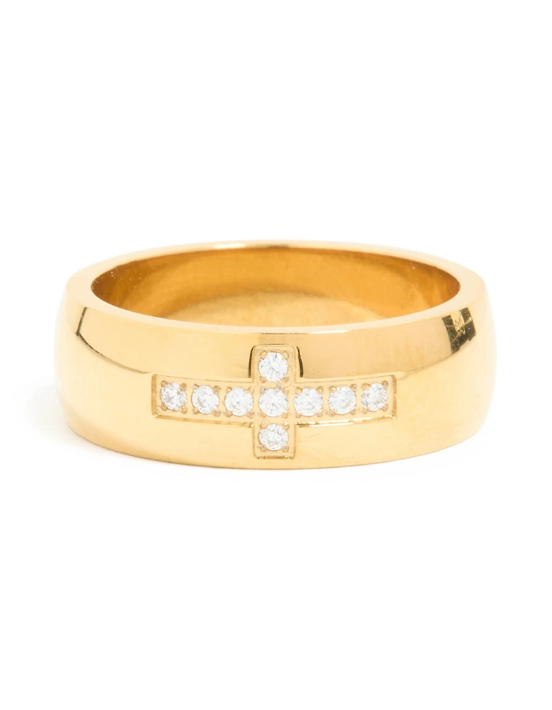 Waterproof Gold Plated Stainless Steel Cubic Zirconia Pave Cross Thick Ring