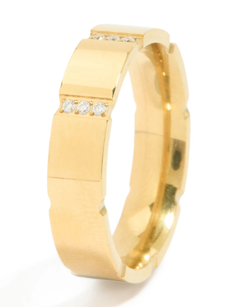 Waterproof Gold Plated Stainless Steel Cubic Zirconia Trio Stripe Ring