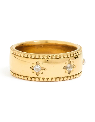 Waterproof Gold Plated Stainless Steel Cubic Zirconia Star Thick Band Ring