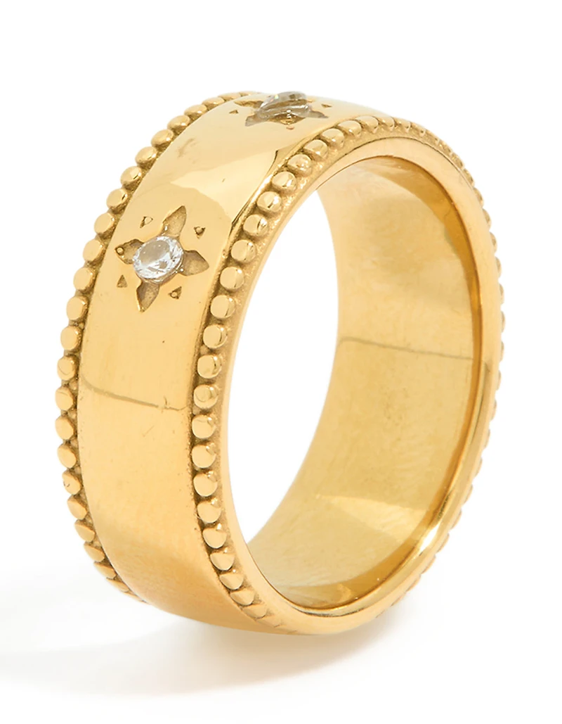 Waterproof Gold Plated Stainless Steel Cubic Zirconia Star Thick Band Ring