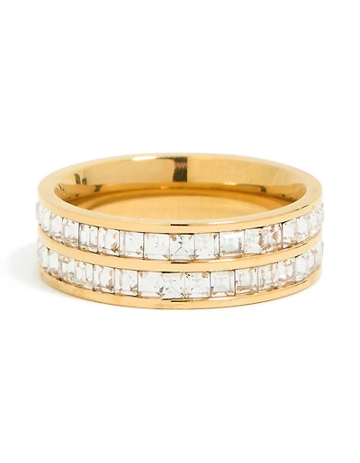 Waterproof Gold Plated Stainless Steel Square Cubic Zirconia Double Layered Ring