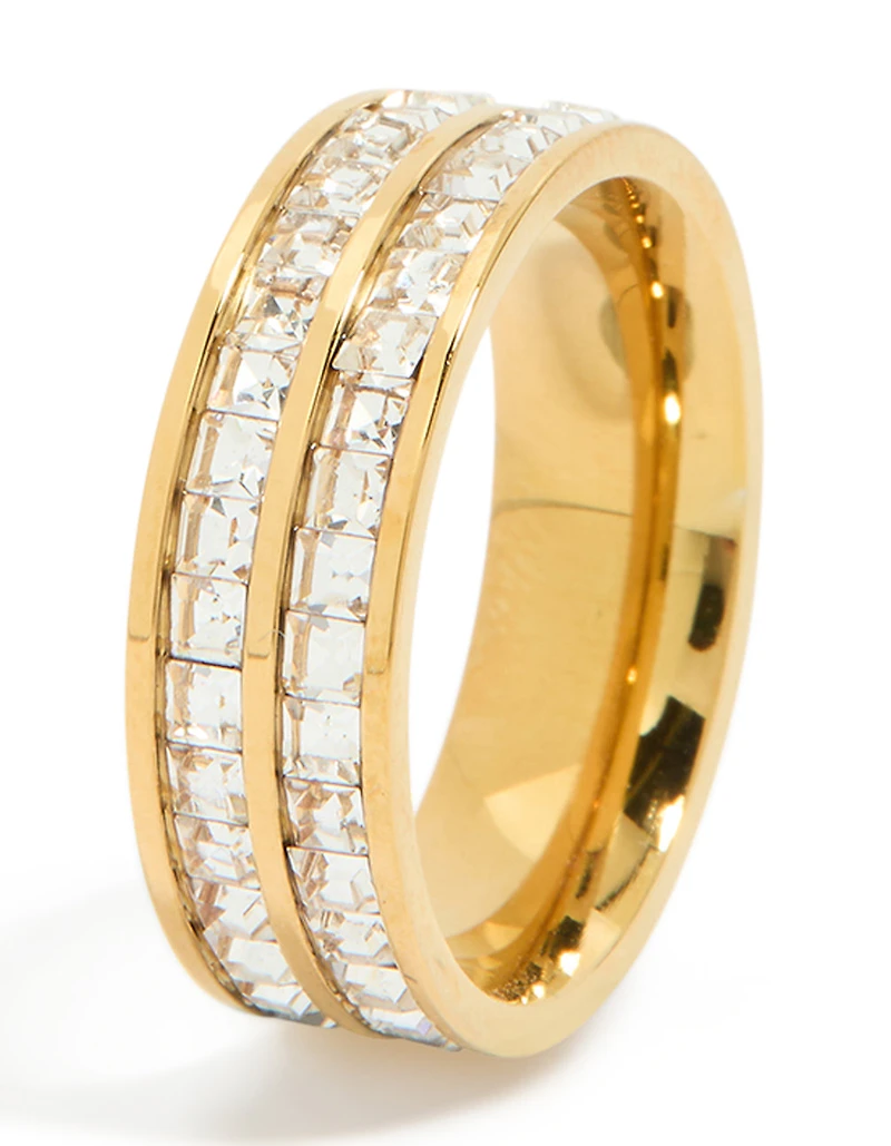 Waterproof Gold Plated Stainless Steel Square Cubic Zirconia Double Layered Ring