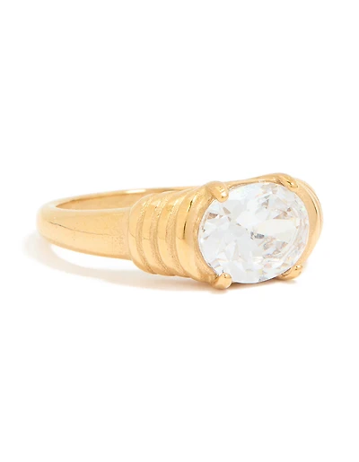 Waterproof Gold Plated Stainless Steel Oval Cubic Zirconia Ribbed Ring