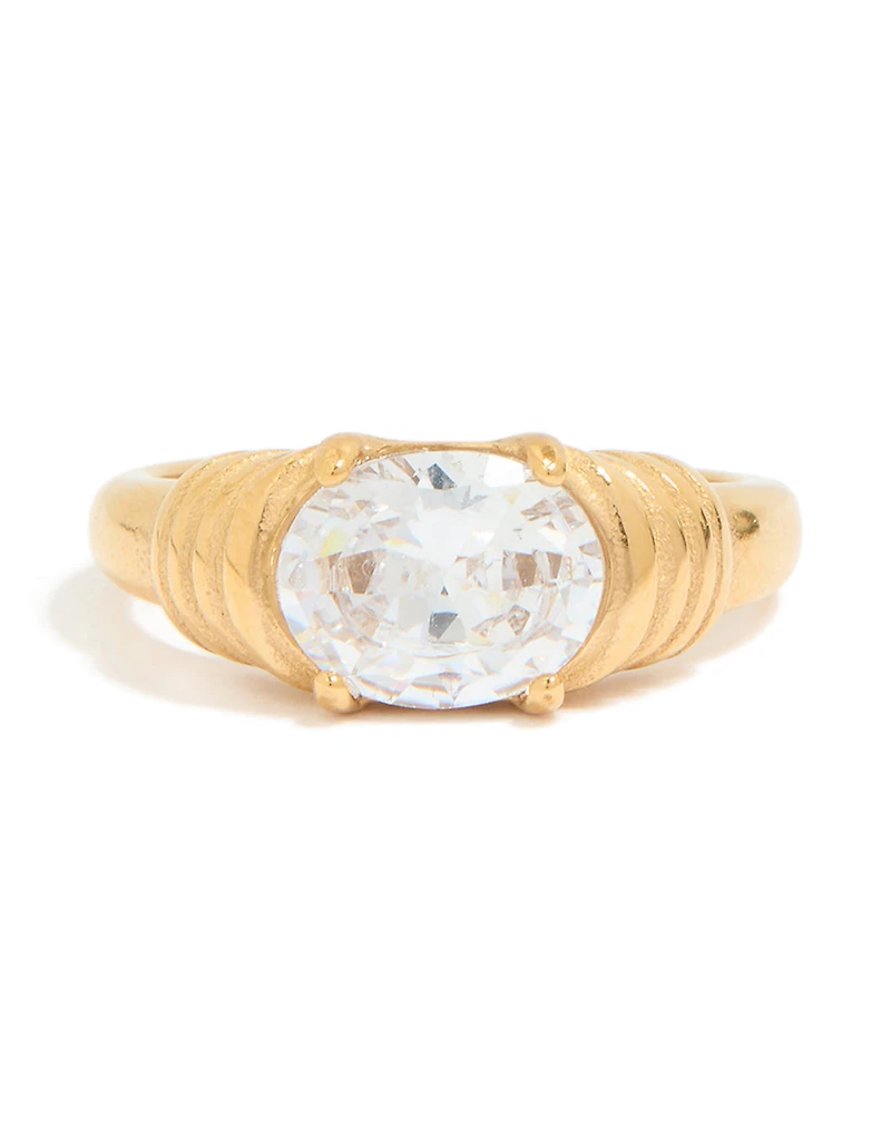 Waterproof Gold Plated Stainless Steel Oval Cubic Zirconia Ribbed Ring