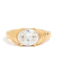 Waterproof Gold Plated Stainless Steel Oval Cubic Zirconia Ribbed Ring