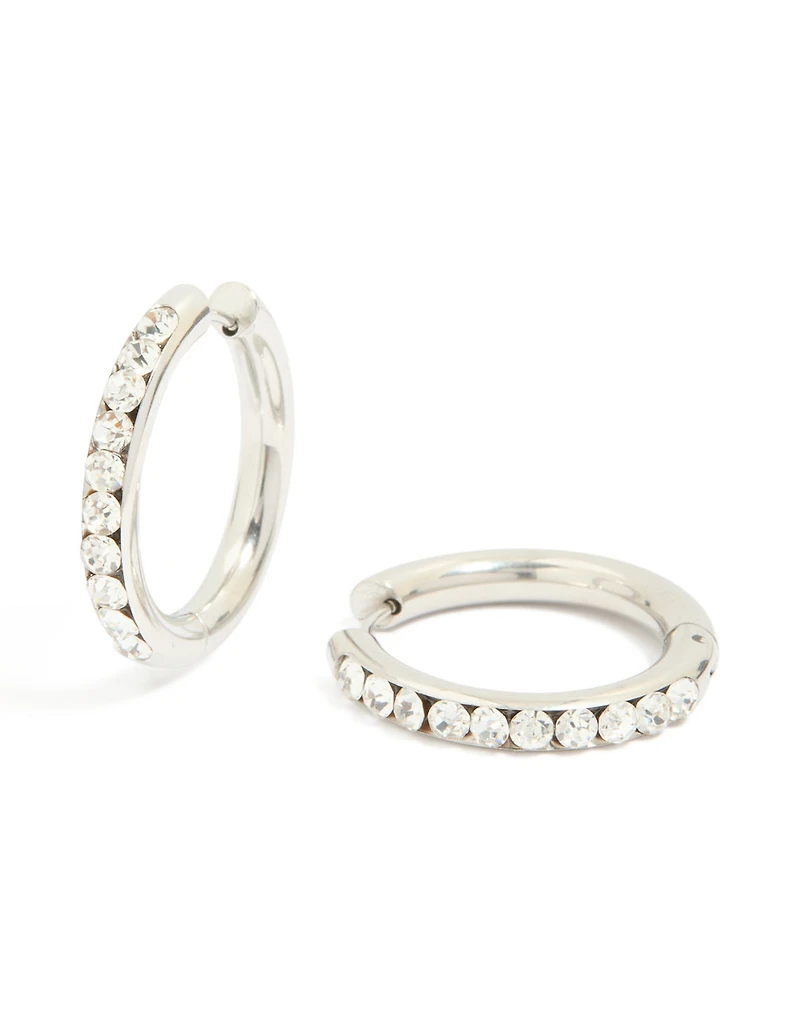 Waterproof Stainless Steel Half Diamante Hinge Hoop Earrings