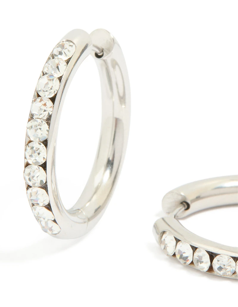 Waterproof Stainless Steel Half Diamante Hinge Hoop Earrings