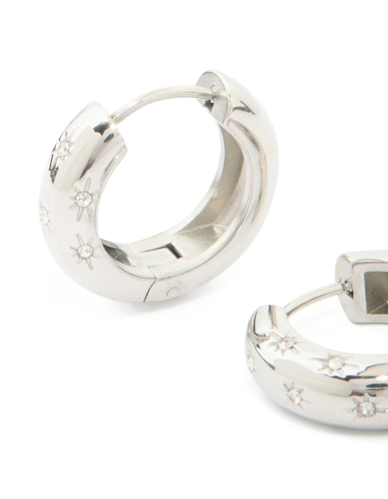 Waterproof Stainless Steel Cubic Zirconia Star Hanging Hoop Earrings