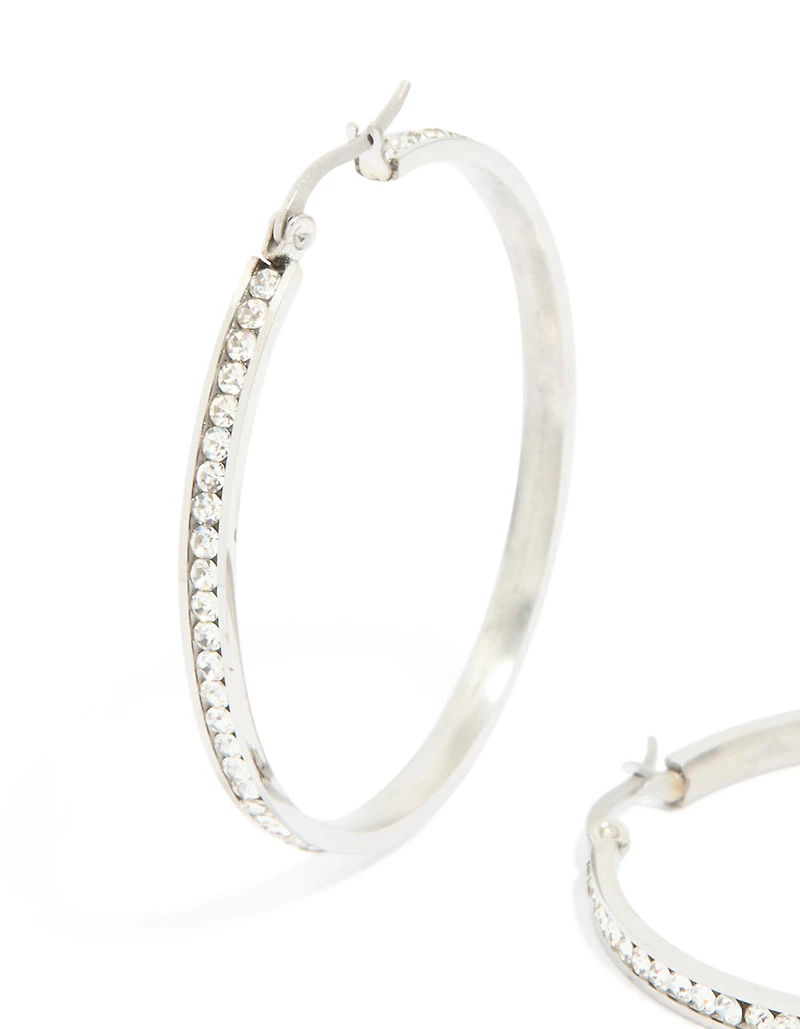 Waterproof Stainless Steel Diamante Hoop Earrings 45 MM