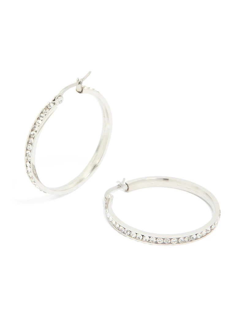 Waterproof Stainless Steel Diamante Hoop Earrings 35 MM