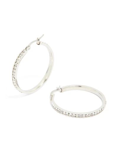Waterproof Stainless Steel Diamante Hoop Earrings 35 MM