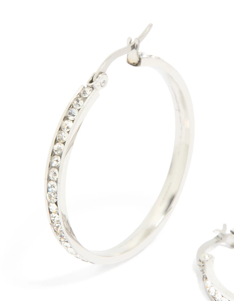 Waterproof Stainless Steel Diamante Hoop Earrings 35 MM