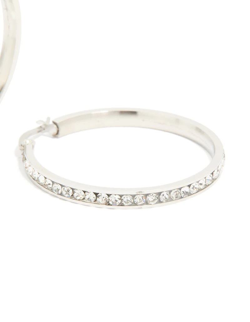 Waterproof Stainless Steel Diamante Hoop Earrings 35 MM