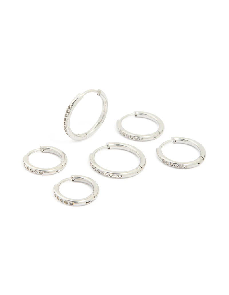 Waterproof Stainless Steel Cubic Zirconia Clicker Hoop Earring Pack