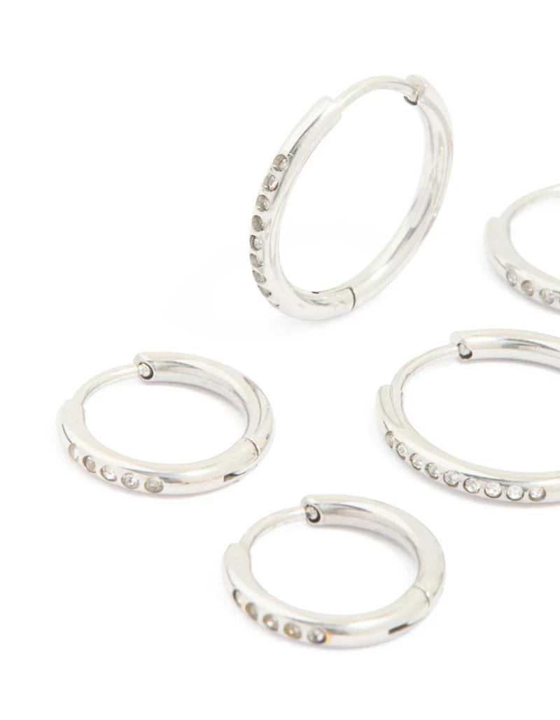 Waterproof Stainless Steel Cubic Zirconia Clicker Hoop Earring Pack