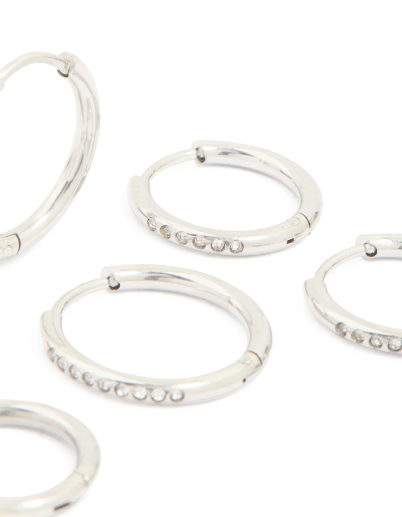 Waterproof Stainless Steel Cubic Zirconia Clicker Hoop Earring Pack