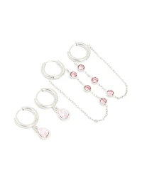 Waterproof Stainless Steel Pink Cubic Zirconia Chain Droplet & Classic Huggie Earrings 2-Pack