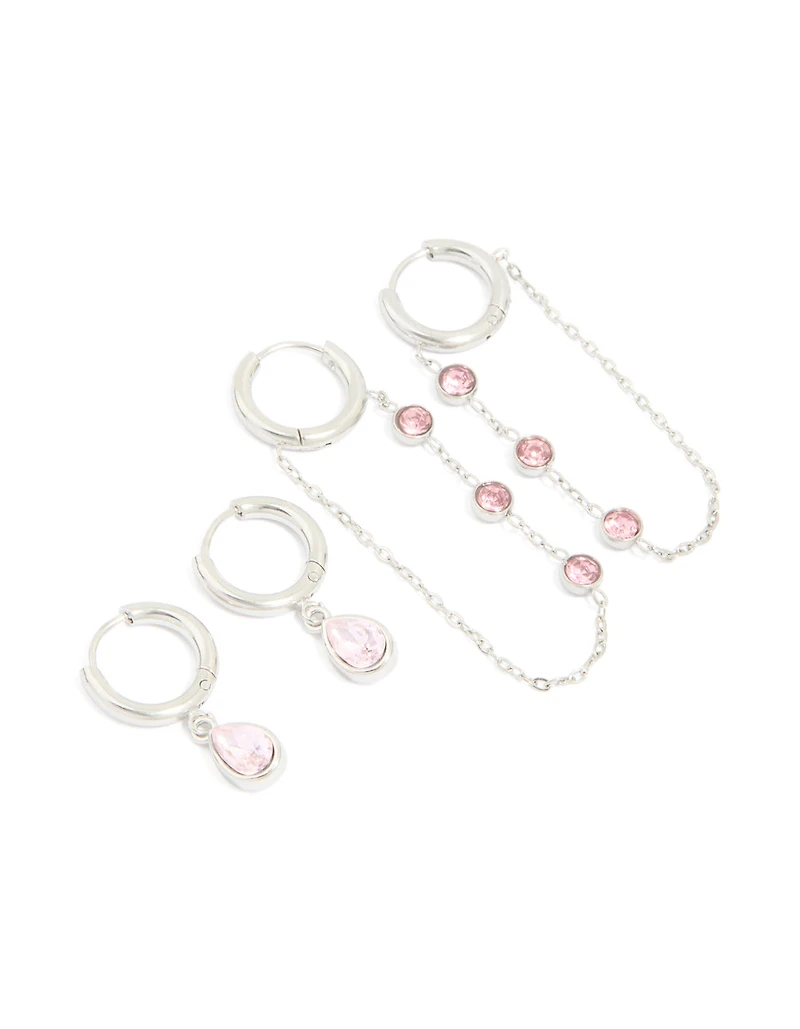 Waterproof Stainless Steel Pink Cubic Zirconia Chain Droplet & Classic Huggie Earrings 2-Pack