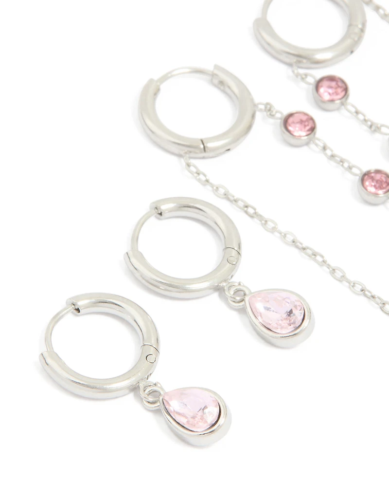 Waterproof Stainless Steel Pink Cubic Zirconia Chain Droplet & Classic Huggie Earrings 2-Pack