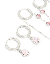 Waterproof Stainless Steel Pink Cubic Zirconia Chain Droplet & Classic Huggie Earrings 2-Pack
